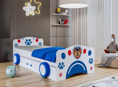 BDW Kinderbett Super Hunde - Babybett mit Matratze und Schublade - Bequem und Langlebig Rausfallschutz Bett - Kinderzimmer - BLAU Auto für EIN Kind, Rennfahrer (140x70)