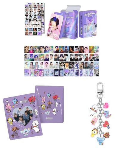 Kpop Set 60pcs Photocards Postcard, 64pcs Stickers, B.T-21 Album Binder Holder Book, B.T-21 Keyring Keychain (B.T.-s)