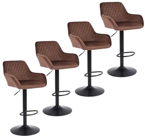 ralex-chair Bar Stools Set of 4, Height Adjustable Velvet Fabric Swivel Barstool Bar Chairs, Breakfast Dining Stools With Backrest and Armrest for Counter and Kitchen, Brown