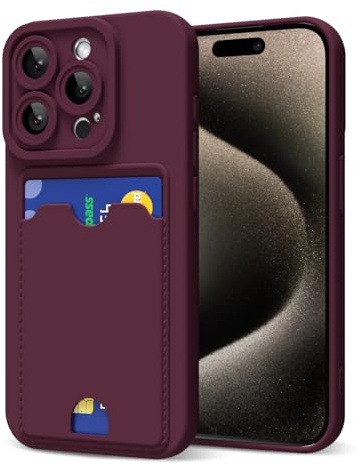 oakxco for iPhone 15 Pro Max Case with Card Holder, Cute Silicone Wallet Phone Case with Credit Card Slot, Soft Rubber Thin Slim Purse for Women Men with Camera Cover Protection, Burgundy Maroon