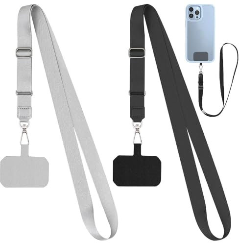 Azlanway Cordino per Cellulare Universale 2 Pezzi + 2 Patch, Laccio Tracolla Regolabile Porta Telefono da Collo per Cellulare Accessorio Elegante Uomo Donna Noir grigio Antistrappo