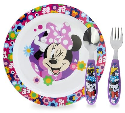Sorrisini Vaisselle Réutilisable Minnie, Set de 3 Pièces pour le sevrage des Enfants, Assiettes et Couverts en Acier Inoxydable, Vaisselle en Plastique Réutilisable et micro-ondable, sans BPA