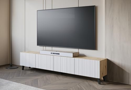 MINIO - Meuble TV Bas Loket 190 cm de Large avec Abattants, Banc Salon Artisanal en Chêne/Blanc