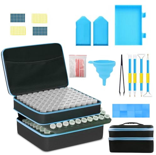 Penbinmall Diamantmalerei Aufbewahrungsbox-Set 240 Teile mit Organisationskoffer, Trichter & Sticker - 5D-Diamantmalerei-Zubehör für strukturierte DIY-Projekte - Blauer Koffer mit Mehrfachfächern