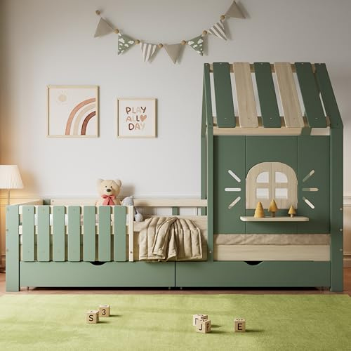 Kebnor Kinderbett, Hausbett mit Dach und Fenster, Mit Holzfensterbank, Vierseitiger Zaun, mit 2 Schubladen, Kiefer+MDF, Grün+Natur, 90x200cm