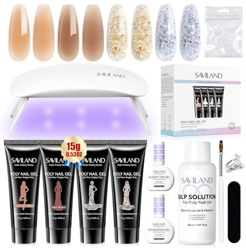 SAVILAND Color Artistry Poly Nail Gel Kit: Fast & Easy Polygel Nail Kit Starter Kit with Nail Lamp 4 Colors Sheer & Sparkle Nails Nourishing & Lasting Shine All-in-1 Home DIY Manicure Kit for Women