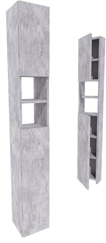 möbelkap Badezimmerschrank Beton-Optik 24×31×172 cm – Badschrank Hochschrank schmal, modernes Badmöbel mit Türen & offenen Fächern, viel Stauraum für Handtücher und Kosmetik