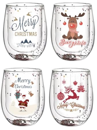 MA MAISON Set 4 Bicchieri Natalizi in Vetro 300ML- con Doppia Parete, con Glitter, Resistenti, Ideale per Tavola Natalizia, Idea Regalo, Disegni Assortiti