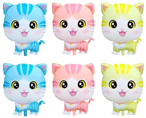 Ovanda 6 Stück Katzen Ballons Geburtstag Deko, Helium Luftballon Katz, Katzen Deko Luftballons, Folienballons Katzen, Katze Kindergeburtstag Party Deko, für Kinder Geburtstag Party Deko, Geschenke