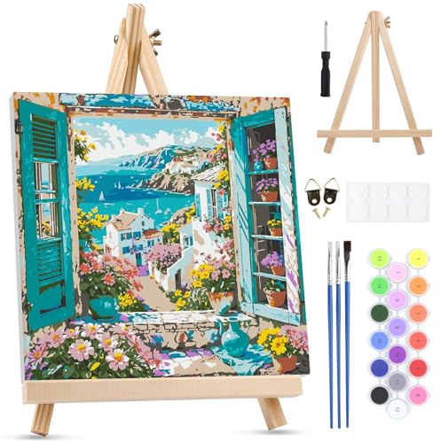 MXJSUA Vue Fenêtre Peinture Numero Enfant Adulte avec Cadre, Numéro d'art avec Pinceaux, Loisirs Créatifs Adultes, Activité Manuelle Adulte, 25x25cm