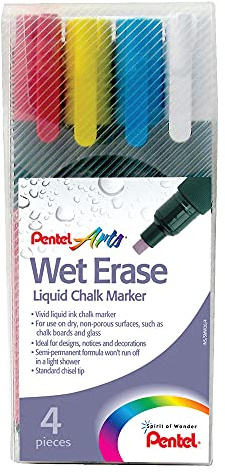 Pentel Wet Erase Chalk Marker Medium Tip - Assorted Colours (Pack of 4 - Yellow, Red, Blue, White)