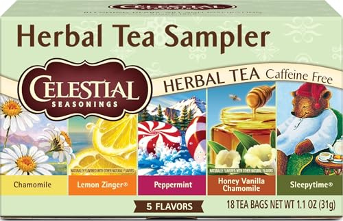 Celestial Seasonings Herbal Tea Sampler Variety Pack, Caffeine Free, 18 Tea Bags Box