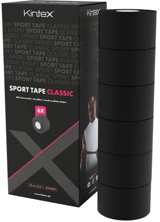 Kintex 6 Rollen Sporttape, 3,8 cm x 10 m, unelastisch, starres Tape, zur Fixierung und Stabilisierung von Gelenken, Fingertape, Tapeverband, hautfreundlich, reißbar (Schwarz)