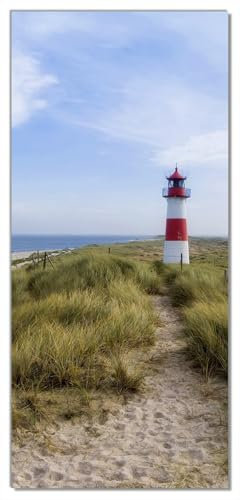 Wallario Selbstklebende Türtapete Am Strand von Sylt Leuchtturm auf der Düne Panorama - Türposter 93 x 205 cm Abwischbar, rückstandsfrei zu entfernen