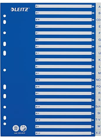 Leitz Register für A4, Deckblatt aus Karton und 20 Trennblätter aus Kunststoff, Taben mit alphabetischem Aufdruck A-Z, Blau/Weiß, 12536001