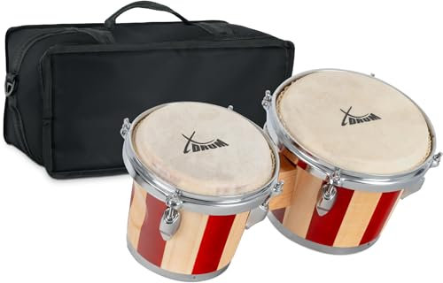 XDrum Bongos Retro - 2 Trommeln mit 16,5 cm (6,5) und 19 cm (7,5) Durchmesser - Bongotrommeln mit stimmbaren Naturfellen, Stimmschlüssel und Tasche - Holztrommeln Naturfarben mit roten Streifen