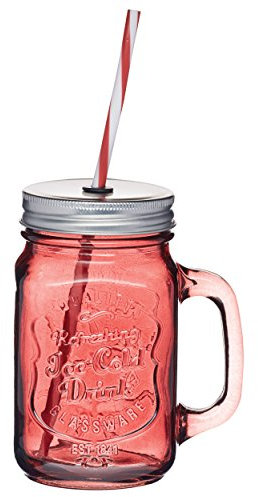 KitchenCraft Home Made Coloured Glass Drinks Jar with Screw Lids and Reusable Plastic Straws 450ml