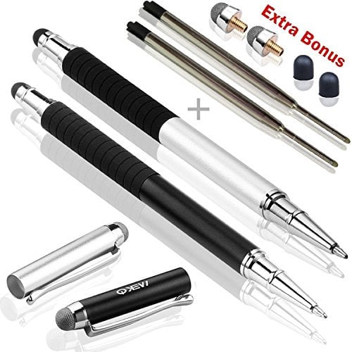 MEKO 3 en 1 Stylet Tactile avec 2X Stylo Bille, 2X Fibre Conseils pour iPad, iPhone, iPod, Galaxy Tab, Galaxy et Tous Les appareils à écran Tactile (Noir/Argent)