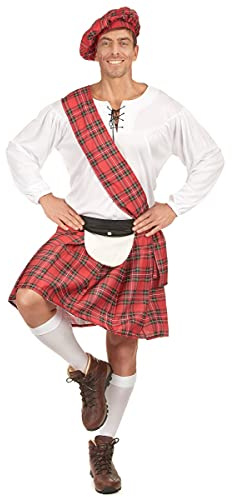 DEGUISE TOI - Déguisement écossais rouge et blanc homme - Kilt - Chemisier blanc - Bonnet - Echarpe - XL - Rouge - Déguisements adultes - 100% Polyester - A la main -
