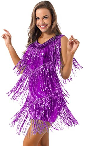 YiZYiF Sexy Nappa Vestito da Ballo Latino Donna Festa Competizione Tassel Paillettes Glitter Abiti da Danza Moderna Americano Costume da Ballo Tango Rumba Valzer Performance Viola Taglia Unica