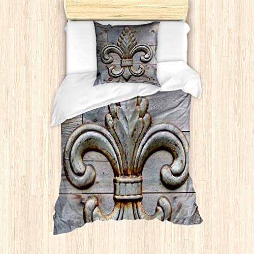 ABAKUHAUS Fleur De Lis Bettbezug Set für Einzelbetten, Altes Zeichen Holz, Milbensicher Allergiker geeignet mit Kissenbezug, Grau braun