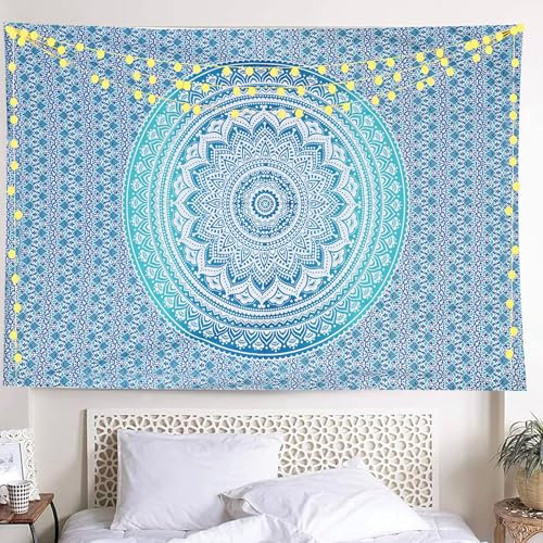 THE ART BOX Indie Wandteppich Baumwolle Mandala Wandbehang Deko Teppich Aesthetic Room Decor Dekoration Wandtuch/Strandtuch Wohnzimmer Indische Tücher Schlafzimmer, Türkis 135x160 Cm