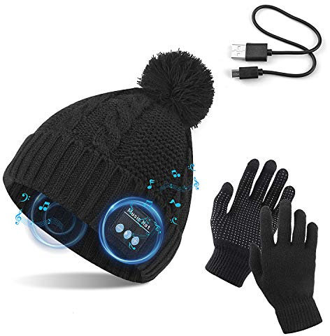 TAGVO Bluetooth V5.0 Beanie mit Touchscreen Handschuhen Set, Winter Warm Gestrickte Drahtlose Bluetooth Headset Musik Hut für Laufen Skifahren Wandern