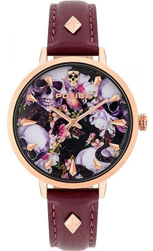 Police Damen Quarz Armband-Uhr aus Edelstahl mit Leder Band in Bordeaux - MIONA - P16034MSR-02A