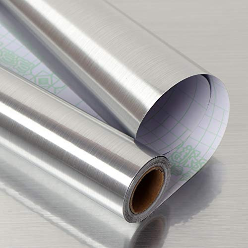 Livelynine 40CMX5M Klebefolie Silber Metallic Glänzend Edelstahl Gebürstet Kühlschrank Folie Selbstklebend Metallfolie Selbstklebend Folie für Geschirrspüler Küche Möbel Küchenrückwand Gasherd Minibar