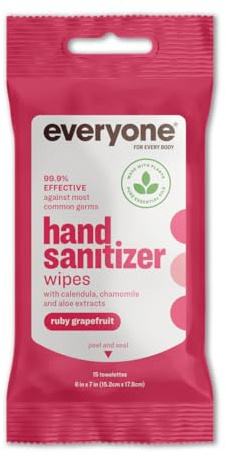 Everyone Hand Sanitizer Wipes, 15 Wipes (Pack of 1), Ruby Grapefruit, Plant Derived Alcohol with Pure Essential Oils