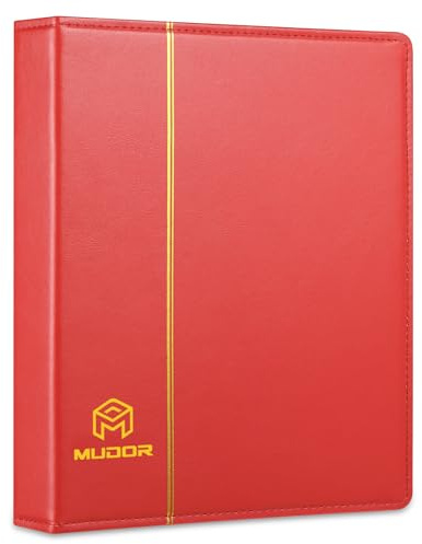 MUDOR Leerer Premium PU Classic Ordner, 4 Ringbuch-Alben Einsteckbuch für Briefmarken, Dokumente, Münzen, Geldscheine (rot)