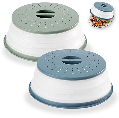 2-Pack Multicolor Foldable Microwave Oven Plate Cover for Food - Collapsible Splatter Proof Guard, Non-Toxic, BPA-Free Silicone & Plastic and Dishwasher Safe (Green And Blue)