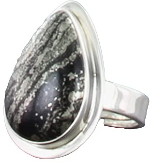 Erdenfeuer Pyrit Ring in Tropfenform poliert mit 925er Silber verstellbarer Ringschiene