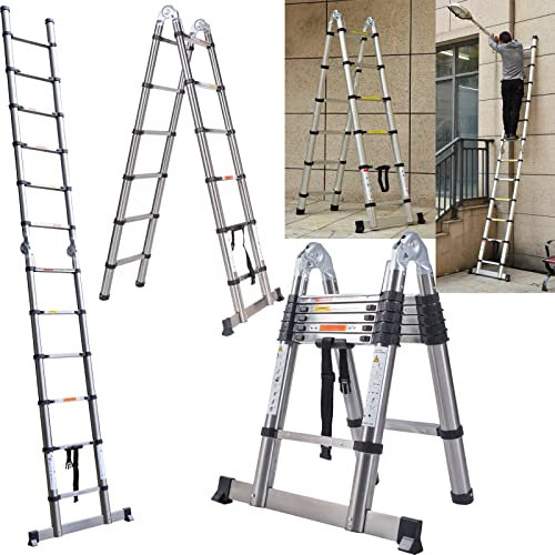 Multi-Purpose 12.5FT/ 3.8M Stainless Steel Ladder with Stabiliser Bar, Telescoping Combination Ladder 2 Sections Extendable Foldable Portable Ladders A-frame Ladder(1.9M+1.9M)
