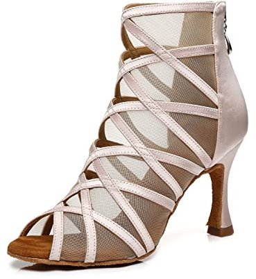 LITNERMIA Scarpe da Ballo per Donna alla Caviglia da Ballo per Feste e Balli in Rete Latini, Al445 Beige 9cm Tacco, 39 EU