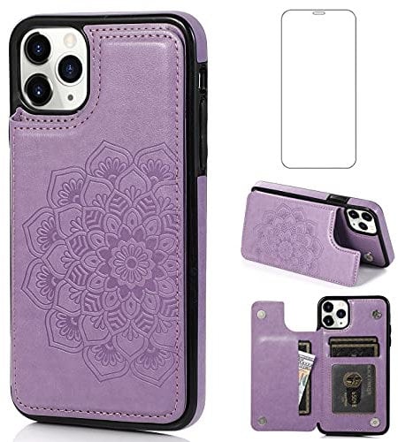 Asuwish Phone Case for iPhone 11 Pro 5.8 with Tempered Glass Screen Protector and Wallet Cover Leather Credit Card Holder Stand Cell Accessories iPhone11pro iPhone11 i XI 11s 11pro Women Men Purple