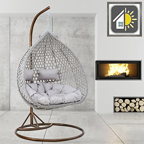 GOODS EMPORIUM Luxury Hanging Rattan Double Egg Chair Indoor & Outdoor Garden Swing Chair Cocoon Relaxing Hammock with Cushions - RAIN COVER INCLUDED (Double, Brown - Grey - Grey)