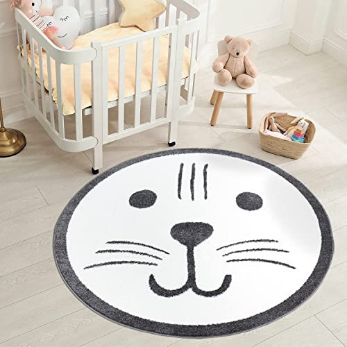 carpet city Teppich Kinderzimmer Bär 160 cm Rund - Creme, Grau - Runder Kinderteppich Kurzflor mit Teddy-Gesicht - Weicher Flor