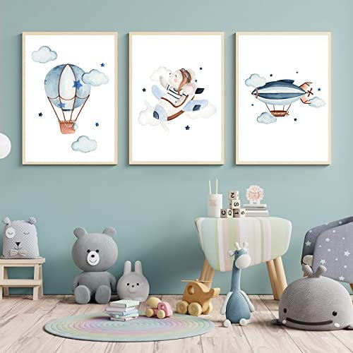 CULASIGN Juego de 3 carteles para habitación infantil, tamaño A4, imágenes para habitación de bebé, sin marco de fotos, niños, coches, aviones, globos de aire caliente (DEF, 30 x 40 cm)