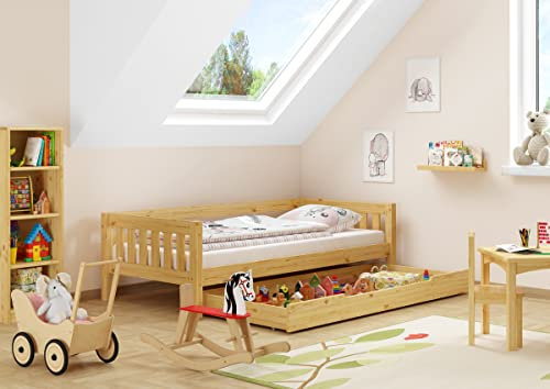 Erst-Holz®Gemütliches Kinderbett mit dreiseitiger Sicherung 90x200 cm Kiefer V-60.29-09Rollrost und Bettkasten inkl.