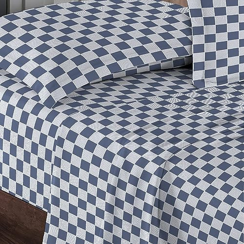 Pizuna Cotton Smart Checks Navy Printed Bedding Sets Super King, 400 thread Count 100% Long Staple Cotton Sateen Bed Sheets Includes 1 Fitted Sheet, 1 Flat Sheet, 2 Pillowcases (Printed Bed Sheets)