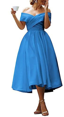 Ballkleid für Damen, Satin, formelles Kleid, schulterfrei, Abendkleid, Hochzeitsgästekleid mit Taschen, Malibu_blue, 54 Plus
