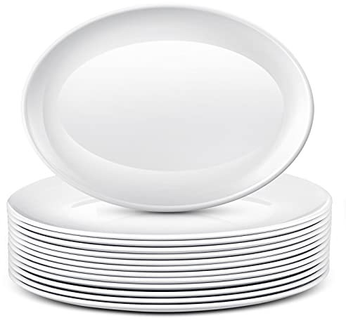 Dandat 12 bandejas ovaladas grandes para servir platos blancos para bodas, fiestas, restaurantes, filetes, tacos, sushi, aperitivos, pasteles (12 pulgadas)