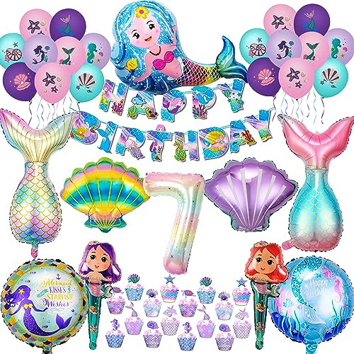 NAOLIU 46 Stücke Meerjungfrau Luftballon Set, 7 Jahre Meerjungfrau Kindergeburtstag Deko, Farbe Meerjungfrau Tortendeko, Niedlich Meerjungfrauen Aufkleber, Ozean Thema Party Ballons