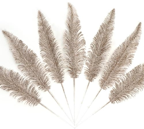KKSTY Pack of 16 Artificial Glitter Feather False Leaves Christmas Tree Picks Sprays for Xmas Tree Carnival Party Decoration Festival Home Decor Flower Arrangment Vase Filler (Champagne Gold)