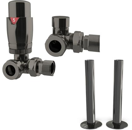 UK Radiators Thermostatic Radiator Valve + 130mm Pipe Sleeves - Energy Saving 1/2 x 15mm Brass Corner Valve - Black Nickel Colour