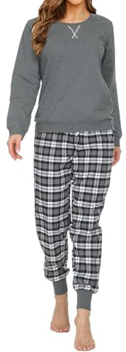 Mnemo Schlafanzug Damen 100% Baumwolle Bequemer Pyjama Damen Baumwolle mit Karomuster