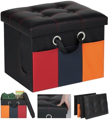 COSYLAND Ottoman storage box small folding storage box, 43 x 33 x 33 cm Storage Box with Lids for Kids toys, leather bedroom hallway living room, foldable Black Yellow Red