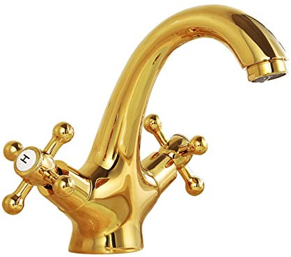 Grifo Mezclador Retro Dorado para Lavabo de Baño - Vintage con Dos Mandos, Agua Fría y Caliente - Latón para Fregadero
