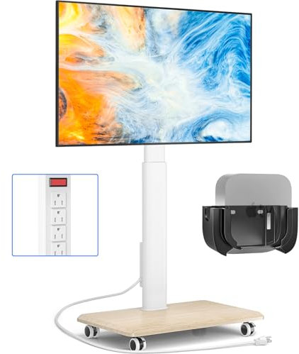 Rfiver Rolling TV Stand with Power Outlet&Mount, Elegant Portable TV Stand with Upgraded Wheels for 32-70 Inch TVs, Tall Height Adjustable Mobile TV Stand for Bedroom, Corner, Dorm, Hold up to 88 lbs